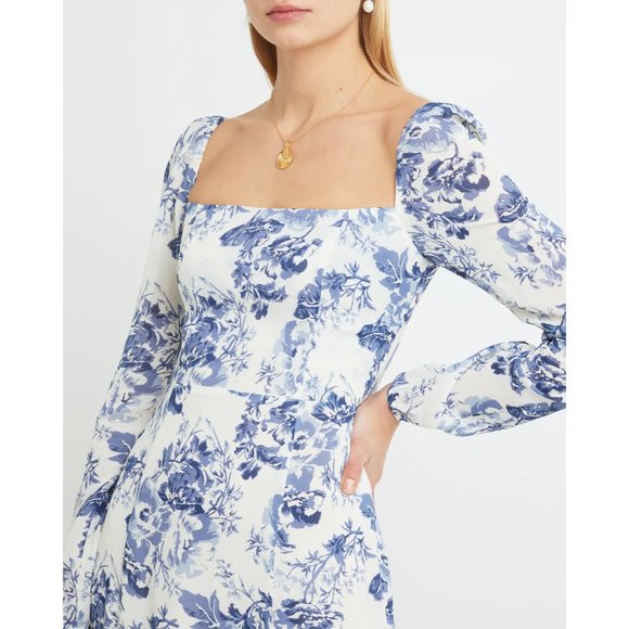 Blue Floral Dress w/High Slit by manu Reformation Sigmund Olympia White Midi 6 M - Picture 6 of 6
